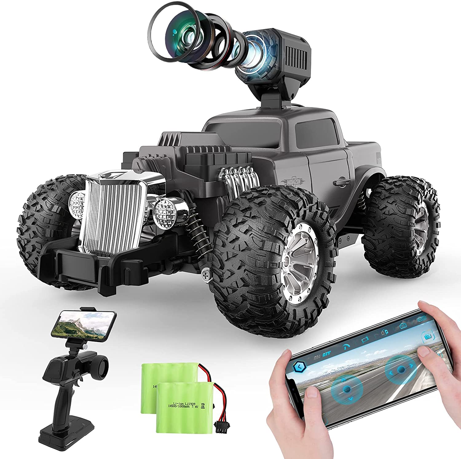 A remote control off-road truck with a 1080P HD FPV camera, accompanied by two batteries, a remote control, and a mobile phone holder with an app for control - off road remote control car