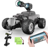 A remote control off-road truck with a 1080P HD FPV camera, accompanied by two batteries, a remote control, and a mobile phone holder with an app for control - off road remote control car