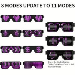 LED Light up Glasses, USB Rechargeable 11 Patterns Multi-Color Glow in the Dark Luminous Glasses for Halloween, Christmas, Costume Party, Music festival, Birthday Party