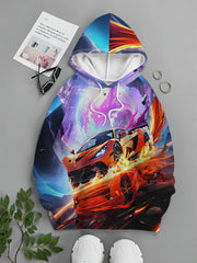 Men'S Racing Car & Flame Graphic Hooded Sweatshirt - Orange Sports Car Design with Neon Glow Effect, Streetwear Style Casual Pullover, Machine Washable, Racing Car Hoodie, Streetwear Fashion, Artistic Print, Comfortable Fit, Streetwear Lovers