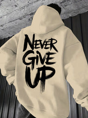 Men's Hoodie Pullover Sweatshirt - NEVER GIVE UP Motivational Lettering Back Print - Brown with White Text - Kangaroo Pocket & Drawstring Hood - All-Season Casual Outdoor Wear - Machine Washable Hooded Sweatshirt for Hiking, Gym, Everyday Use - Inspiratio
