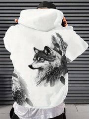 Men'S Wolf & Wolf Pack Graphic Hooded Sweatshirt - Black & White Wolf Print with Wolf Head & Paws, Long Sleeve Drawstring Hoodie for Fall/Winter, Loose Fit Casual Pullover, Machine Washable Winter Warmth, Sweater Hoodie