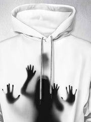 Men's 3D Illusion Hooded Sweatshirt with Black Hand Print & White Hoodie - Kangaroo Pocket, Full-Zip-like Effect Casual Pullover, Machine Washable Winter Sweater Jacket for Casual Attire (Animal Pattern) - Ideal Gift