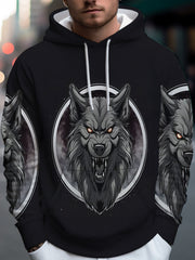 Men's Wolf & Full Moon Hooded Sweatshirt - Black/Gray/White Loose-Fit Pullover with Wolf Print, Hoodie for Casual Wear & Themed Events, Machine Washable Winter-Ready Sweater (No Inner)