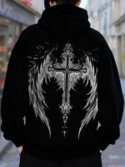 Men's 3D Angel Wing Cross Print Hooded Sweatshirt - Winged Symbol Design, Casual Pullover Hoodie with Winged Cross Pattern, Machine Washable Long Sleeve Streetwear for Church Events & Casual Attire