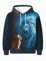 Men'S Hoodie with Lion & Kitten Graphic - Hooded Pullover Sweatshirt, Front Pocket, Autumn/Winter Streetwear Essential for Everyday & Formal Outfits - Fashion-Forward Men'S Clothing, Autumn Winter Apparel, Artistic Print Design, Comfortable Fit