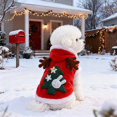 [Christmas] Christmas & Dog Costume with Antlers & Tree Decorations - Red Winter Outfit, Warm Pullover/Boutonniere Jacket for Small & Medium Pets Suitable for Xmas Parties & Photo Shoots
