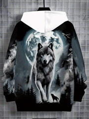 Men'S Hoodie - Black Wolf & Moon Graphic Pullover Sweatshirt, Hooded Winter Jacket for Outdoor Activities, Casual Outings & Casual Attire - Fall/Winter Clothing for Men, Fall Fashion, Streetwear Style, Comfortable Material, Print Sweater, Streetwear Lover