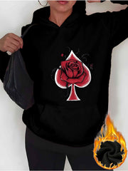 Women'S Black Rose & Spade Print Hoodie - Pink with Red Rose & Black Spade Design, Long Sleeve Pullover Sweatshirt, Front Pocket, All-Season Casual Streetwear, Streetwear Fashion, Soft Fabric Hoodie