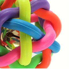 Durable Plastic Chew Ball with Bell - 2.17 Inch Large Knot Dog for Puppies & Cats, Multicolor Chewable Interactive Rubber-Like Ball for Small/Medium Dogs, No Batteries, Teeth Cleaning & Tug-of-War Play (Green, Pink, Blue, Yellow)