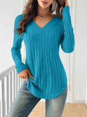 Women's Spliced V-Neck Ribbed T-Shirt - Soft Lightweight Stretch Fabric, Casual Long Sleeve Solid Color T-Shirt, Machine Washable, Suitable for Spring, Autumn, and Winter
