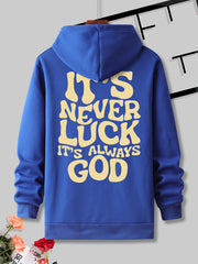 IT'S NEVER LUCK IT'S ALWAYS Print Hoodie With Front Pocket For Men, Casual Pullover Hooded Sweatshirt For Spring Fall