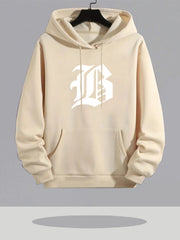 Men'S Casual Hooded Sweatshirt with Bold "B" Graphic Print - Black Long Sleeve Pullover, Front Pockets & Drawstring Hood, Regular Fit for Gym, Training, Outdoor Activities - Autumn Winter Warmth, Gym Hoodie, Training Apparel, Sporty Design, Comfortable Fa