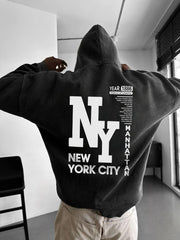 Men'S Vintage New York City Graphic Hoodie - with NY Lettering, Loose Fit Casual Pullover Sweatshirt, All-Season Streetwear Essential for Everyday &, Special Occasions, Streetwear Fashion, Retro Style, Durable Fabric, Urban Fashion