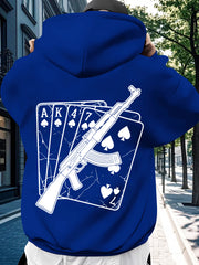 Men's Winter Hoodie with Poker & Gun Graphic Print, Casual Pullover with Pockets, Regular Fit, Slight Stretch Fabric, Perfect for Fall & Winter Streetwear, Black, Trendy Comfortable Fit Hoodie