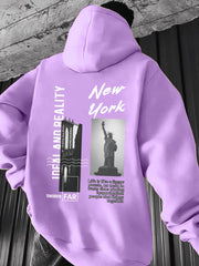 Men'S Heavyweight Hooded Sweatshirt - New York City Graphic Print with Statue of Liberty & Brooklyn Bridge Design, Loose Fit Winter Warmth, Casual Streetwear Pullover