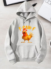 Men's Hooded Sweatshirt, Heavyweight 250gsm with Kangaroo Pocket, Chicken Print & 'F-CAW-F' Graphic Rooster, Machine Washable Winter Warmth, for Gym & Casual Wear, Regular Fit, Grey Pullover Hoodie