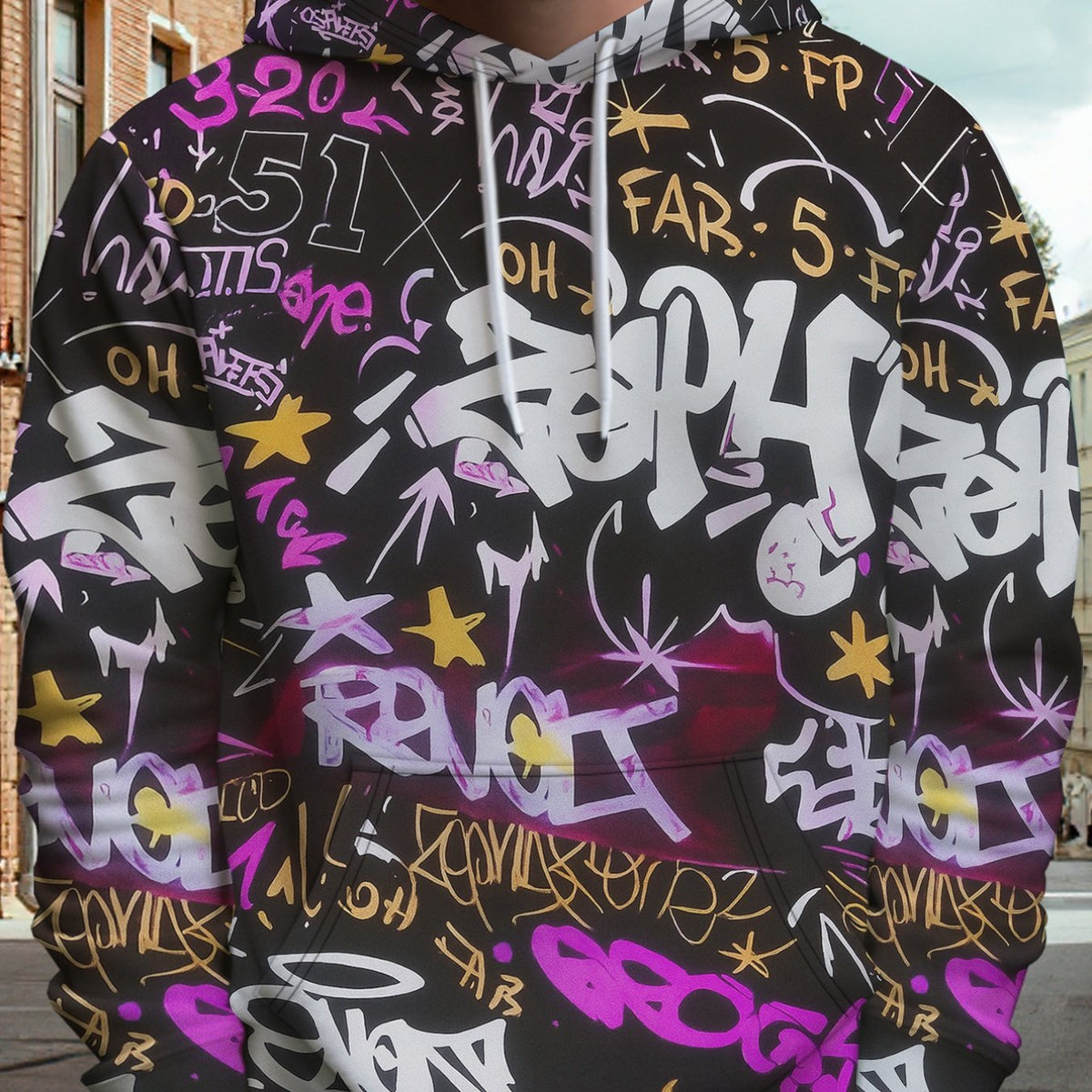 Men'S Trendy Street Graffiti Art Digital Print Hoodie | Fashion Letter Pattern Loose Pullover Youth Casual Sports Versatile Top Spring New Hip Hop Style Jacket