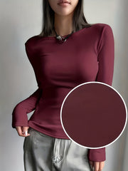 Women's Thermal Long Sleeve T-Shirt - Winter Warm High-Stretch Slim-Fit Round Neck Layering Top, Black Base with Charcoal Grey (No Belt) - Non-See-Through Low-Maintenance Underwear for Sweaters, Jeans & Dresses