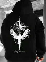 Men's Hooded Long-sleeved Compass Star And Wings Print Hooded Sweatshirt Top For Spring & Fall