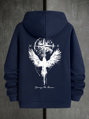 Men's Hooded Long-sleeved Compass Star And Wings Print Hooded Sweatshirt Top For Spring & Fall