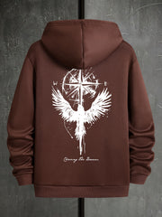 Men's Hooded Long-sleeved Compass Star And Wings Print Hooded Sweatshirt Top For Spring & Fall