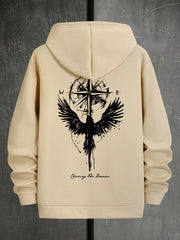 Men's Hooded Long-sleeved Compass Star And Wings Print Hooded Sweatshirt Top For Spring & Fall