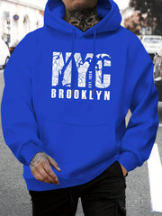 New York Brooklyn Print Men's Fashion Hoodie - Casual Pullover with Drawstring Hood, Fall/Winter, Knit Fabric, Regular Fit, 100% Polyester, Long Sleeve Hooded Sweatshirt with Slight Stretch