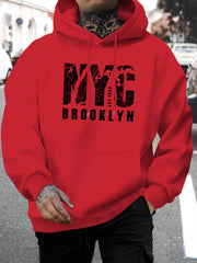 New York Brooklyn Print Men's Fashion Hoodie - Casual Pullover with Drawstring Hood, Fall/Winter, Knit Fabric, Regular Fit, 100% Polyester, Long Sleeve Hooded Sweatshirt with Slight Stretch
