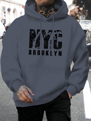 New York Brooklyn Print Men's Fashion Hoodie - Casual Pullover with Drawstring Hood, Fall/Winter, Knit Fabric, Regular Fit, 100% Polyester, Long Sleeve Hooded Sweatshirt with Slight Stretch