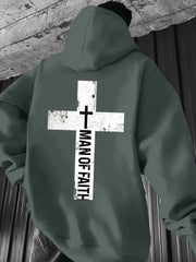 Men'S Heavyweight Hoodie - Bold Cross & "Man of Faith" Graphic Pullover Sweatshirt, Loose Fit Long Sleeve Hooded Sweater with Front Pocket, Machine Washable Winter Warmth, Regular Fit Casual Streetwear for Church, Everyday Outfits - Easy Care Christ