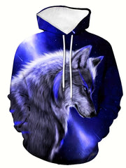 Men's Wolf & Print Hooded Sweatshirt - Full-Body Wolf Pattern Hoodie with Purple/Pink/Pinkish-Red Hues, Winter Warm Streetwear, Machine Washable Casual Pullover for Wolf Lovers (Ideal Gift), PLUS SIZE, Mens Clothes, Hoodies For Men Plus Size, Sweatshirt M