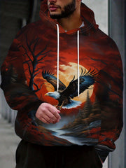 Men'S Eagle & Forest Digital Print Hooded Sweatshirt - Loose Fit All-Over Graphic Pullover with Eagle & Trees Design, Machine Washable Casual Winter Warmth