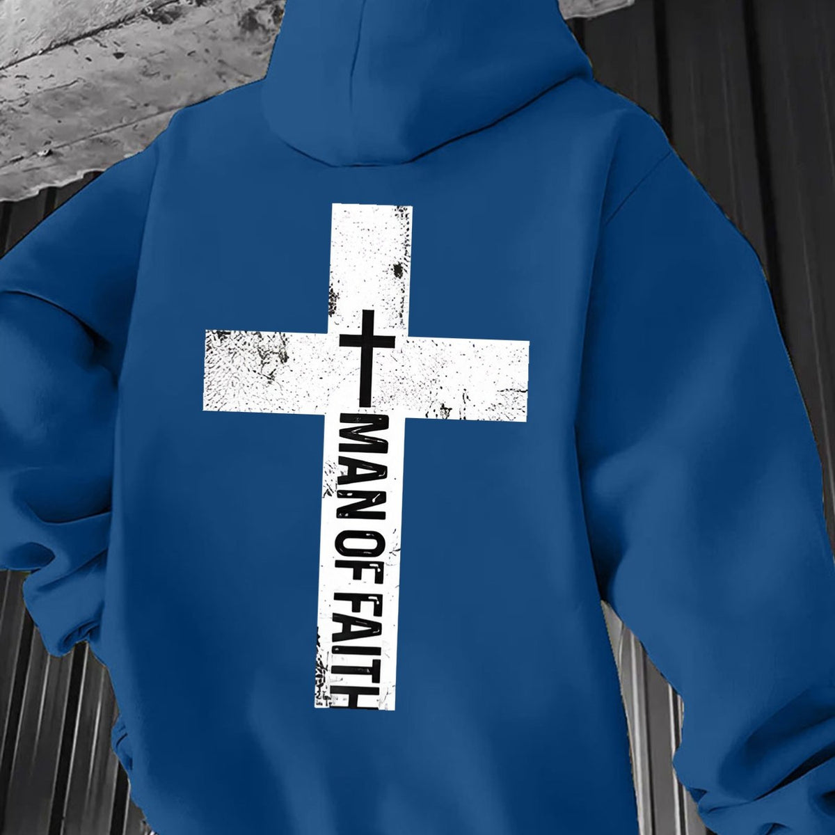 Men'S Heavyweight Hoodie - Bold Cross & "Man of Faith" Graphic Pullover Sweatshirt, Loose Fit Long Sleeve Hooded Sweater with Front Pocket, Machine Washable Winter Warmth, Regular Fit Casual Streetwear for Church, Everyday Outfits - Easy Care Christ