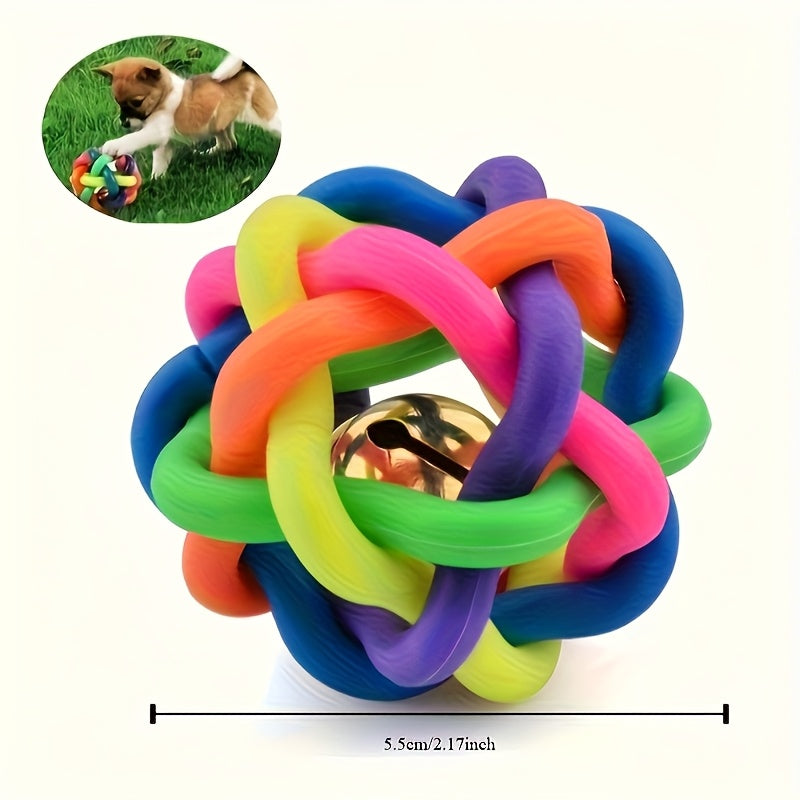 Durable Plastic Chew Ball with Bell - 2.17 Inch Large Knot Dog for Puppies & Cats, Multicolor Chewable Interactive Rubber-Like Ball for Small/Medium Dogs, No Batteries, Teeth Cleaning & Tug-of-War Play (Green, Pink, Blue, Yellow)