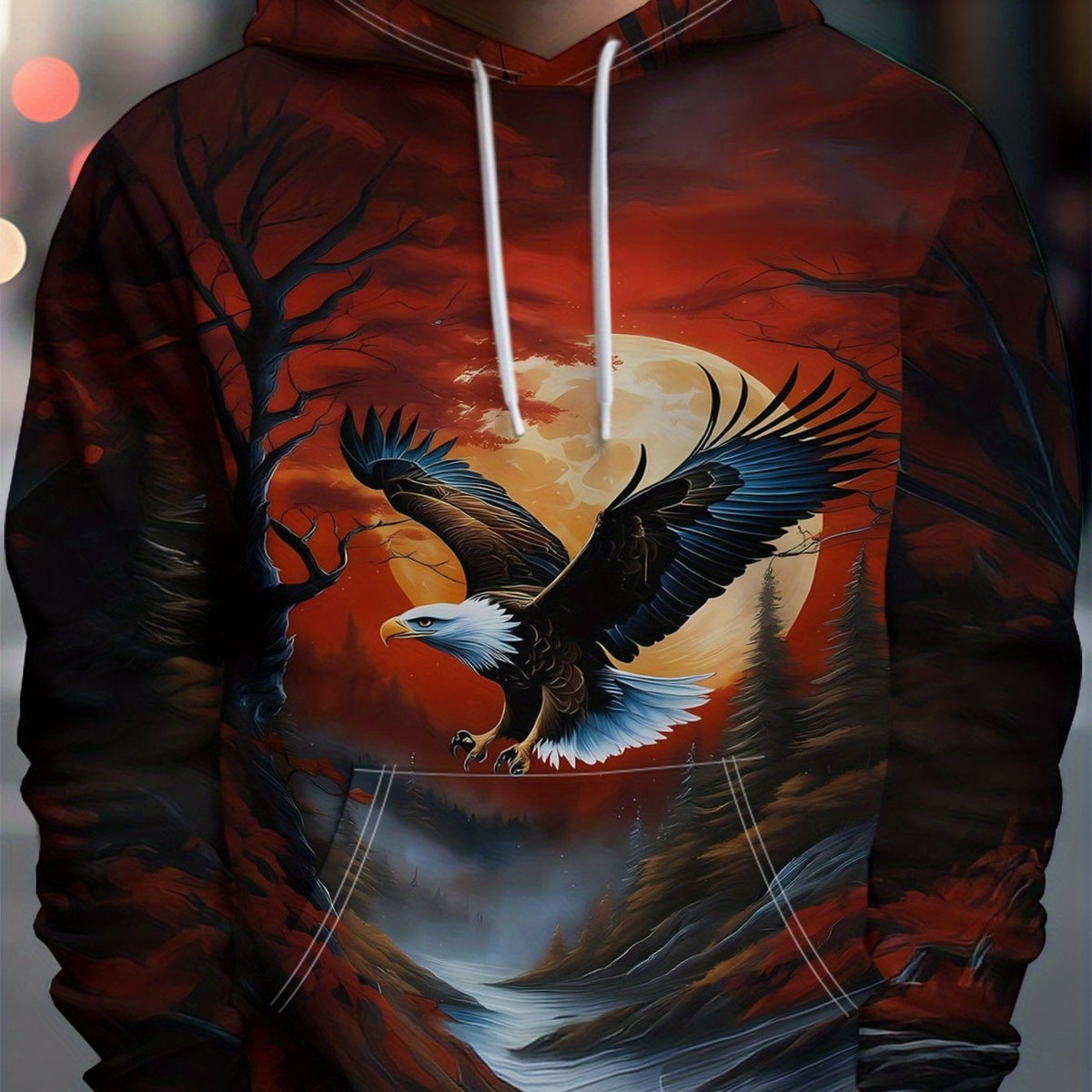 Men'S Eagle & Forest Digital Print Hooded Sweatshirt - Loose Fit All-Over Graphic Pullover with Eagle & Trees Design, Machine Washable Casual Winter Warmth