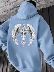 Men'S Heavyweight Hooded Sweatshirt - Gothic Wing & Cross Design, Brown/ - Winter Warmth, Loose Fit Streetwear Pullover for Everyday & Formal