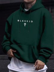 Men's Hoodie, Religious "Blessed" Cross Print, Soft Stretch Polyester, White BLESSED Lettering & Symbol, Casual Hooded Sweater for Church Events, Machine Washable, Green