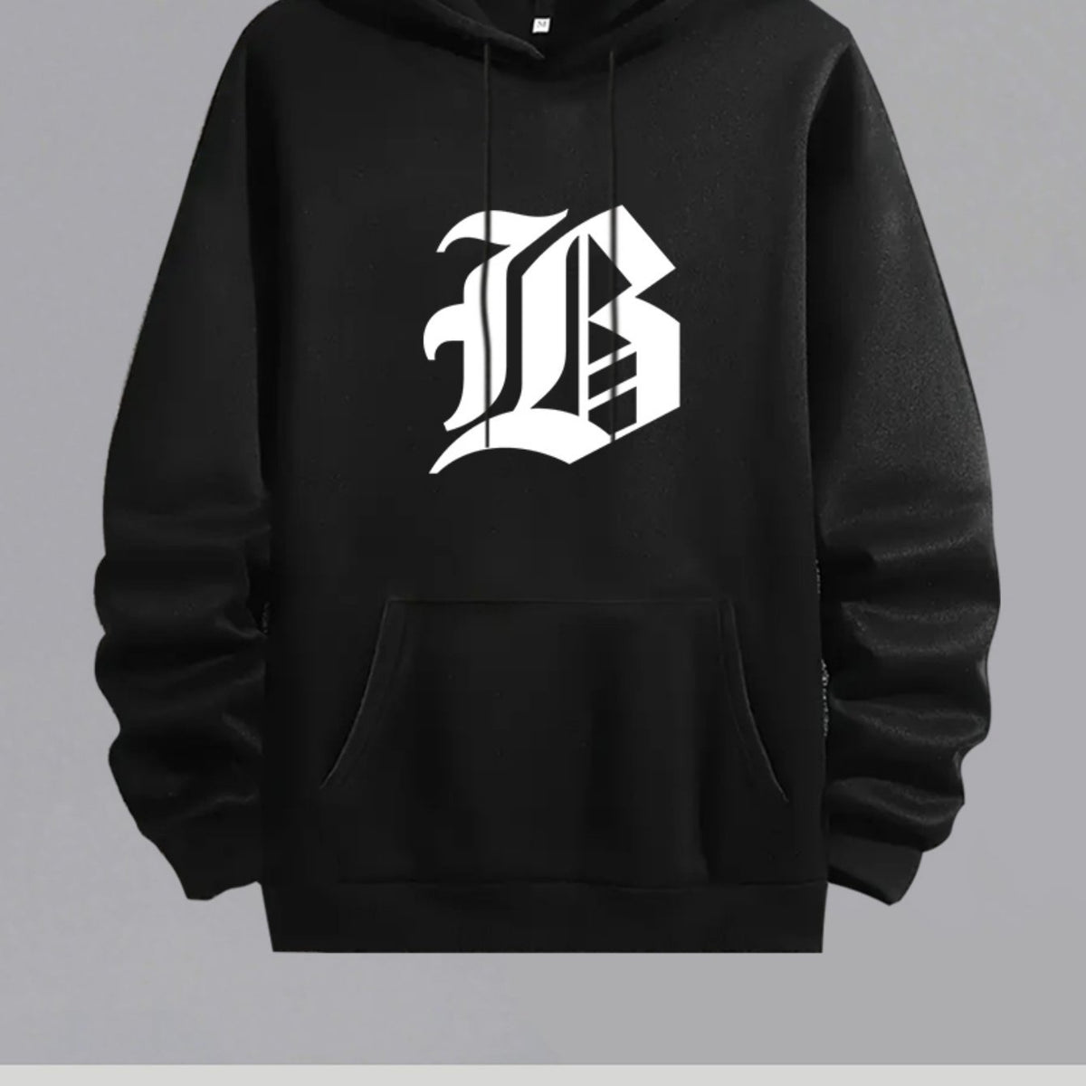 Men'S Casual Hooded Sweatshirt with Bold "B" Graphic Print - Black Long Sleeve Pullover, Front Pockets & Drawstring Hood, Regular Fit for Gym, Training, Outdoor Activities - Autumn Winter Warmth, Gym Hoodie, Training Apparel, Sporty Design, Comfortable Fa