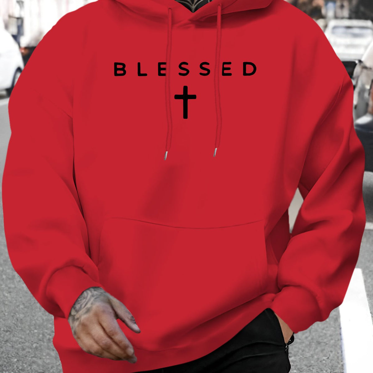 Men's Christian Faith-Inspired "Blessed" Hooded Sweatshirt, Cross Print, Casual Pullover Long Sleeve Hoodie, for Fall/Winter, Red
