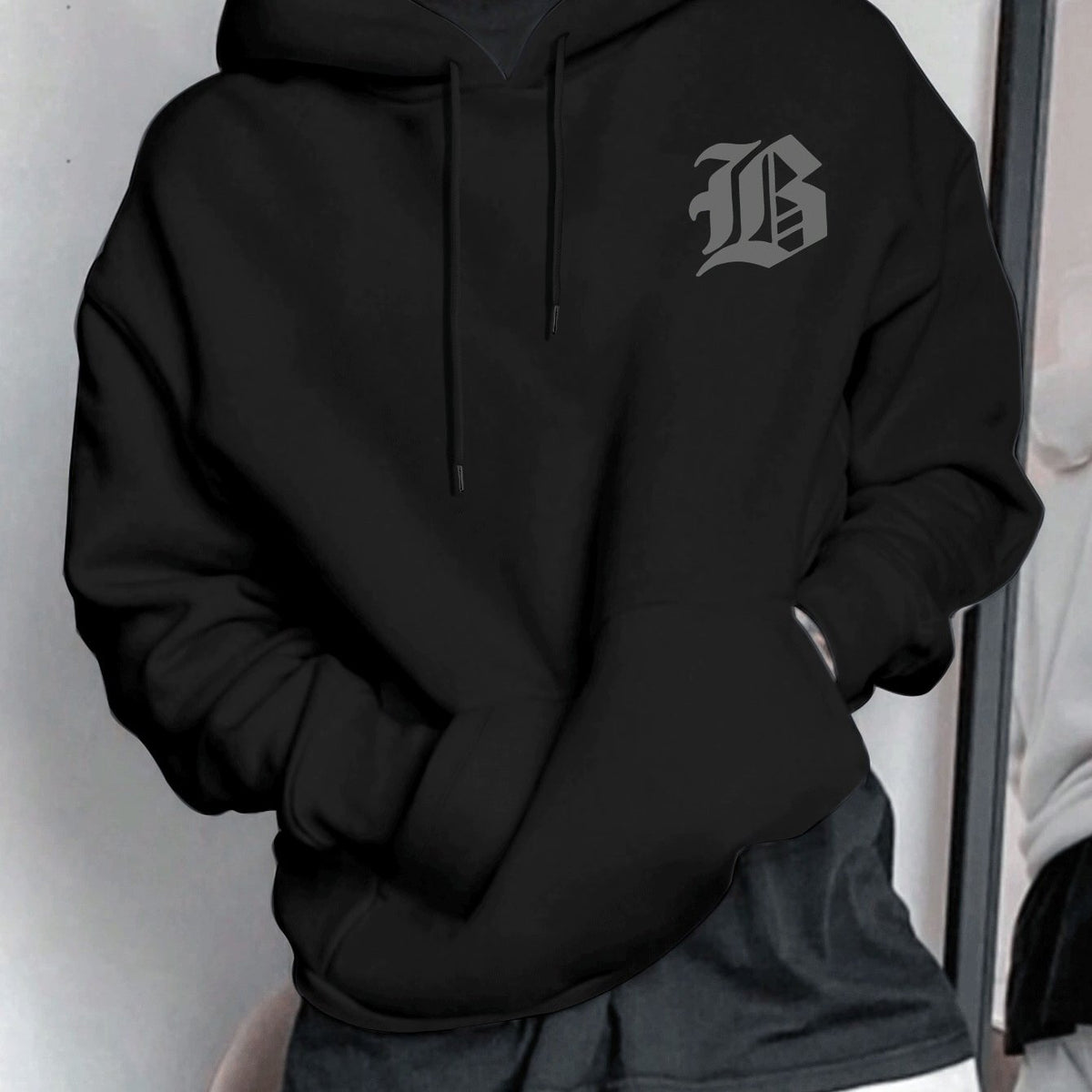 Men's Blue Hooded Sweater with Large '' Logo Print - Casual College Pullover, Regular Fit Hoodie, Machine Washable Letter Jacket for Campus & Casual Attire (Letter Initials)