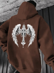 Men'S Heavyweight Hooded Sweatshirt - Gothic Wing & Cross Design, Brown/ - Winter Warmth, Loose Fit Streetwear Pullover for Everyday & Formal