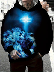 Men's Lion of Judah 3D Printed Hoodie - Black & Blue Lion of Judah Christ Symbol Sweatshirt, Relaxed Fit Hooded Sweater with Biblical Cross Print, Machine Washable Casual Religious Apparel