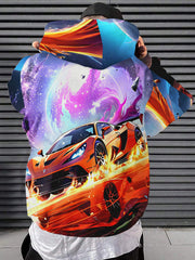 Men'S Racing Car & Flame Graphic Hooded Sweatshirt - Orange Sports Car Design with Neon Glow Effect, Streetwear Style Casual Pullover, Machine Washable, Racing Car Hoodie, Streetwear Fashion, Artistic Print, Comfortable Fit, Streetwear Lovers