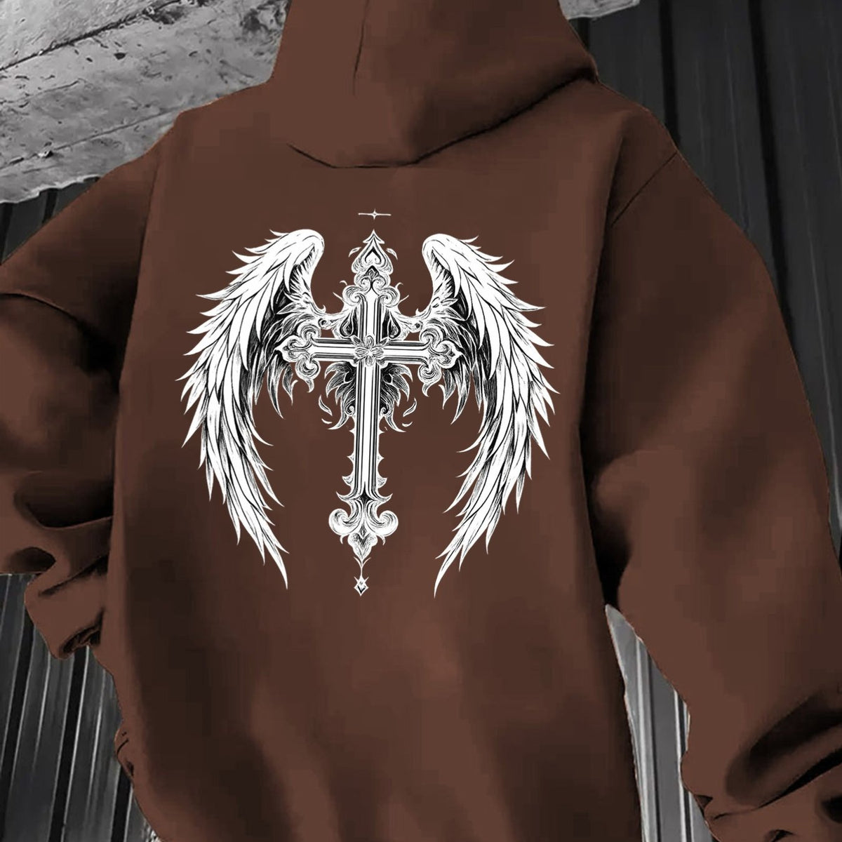 Men'S Heavyweight Hooded Sweatshirt - Gothic Wing & Cross Design, Brown/ - Winter Warmth, Loose Fit Streetwear Pullover for Everyday & Formal