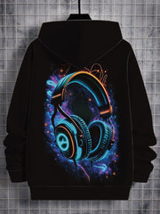 Men'S 3D Neon Glow-in-the-Dark Headphones Graphic Hooded Sweatshirt - Neon & Pink Digital Print Pullover, Casual Streetwear with Kangaroo Pocket, Machine Washable Warmth for Spring/Fall/Winter, Sweater Hoodie