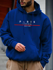 Men's Casual Paris Letter Print Hoodie - Black with White & Red Typography, Soft Long Sleeve Pullover for Autumn Winter, Machine Washable Regular Fit, Casual Wear Hoodie | Paris Themed Apparel | Machine Washable Hoodie