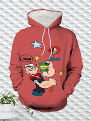 Men'S Casual 3D Print Hoodie - Cartoon Sailor with "YUM!" Design, Loose Fit, Long Sleeve, Spring/Fall Fashion, White with Colorful Graphics, Casual Wear Hoodie|Playful Graphic Hoodie|Comfortable Fit Hoodie