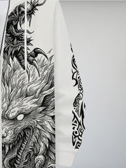 Men'S Winter Warm Hooded Zip-Up Sweatshirt with Dragon Print - Full-Zip Front Closure, Full-Zip Hooded Sweater Jacket, Machine Washable Casual Outerwear for Men