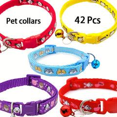 [42pcs Cute Pet Collars] 42pcs Cute Cartoon Dog Print Adjustable Pet Collars with Bells, Quick-Release Buckle Soft Nylon Cat and Dog Collars, Multiple Styles & Colors for Small Dogs and Cats